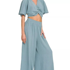 Zenana Woven Airflow Twisted Top & Wide Leg Pants Set