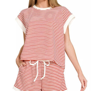 Zenana Stripe Contrast Trim Top & Shorts Set