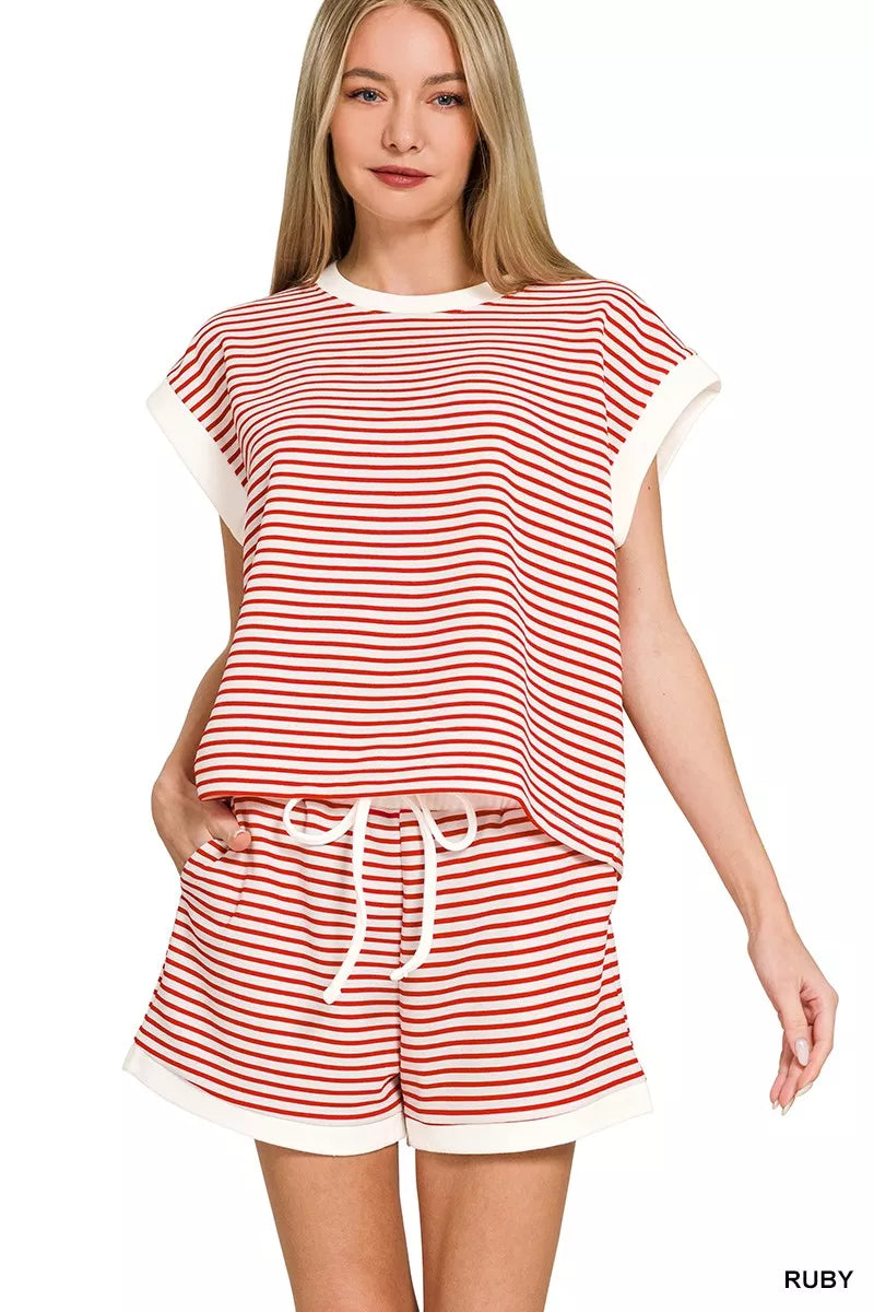 84adce96e9bc4a539bee0008efe11314-Max-Origin.jpg Zenana Stripe Contrast Trim Top & Shorts Set
