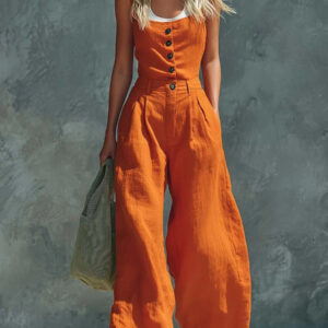 Women's Retro Button-Front High-Waist Wide-Leg Jumpsuit