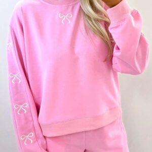 Bow Embroidered Round Neck Top and Shorts Set