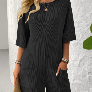 Backless Textured Round Neck Half Sleeve Romper