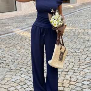 Asymmetrical Neck Top and Pants Set