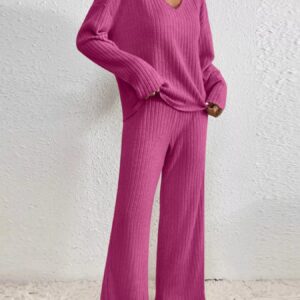 Ribbed Knit V-Neck Top and Pants Set