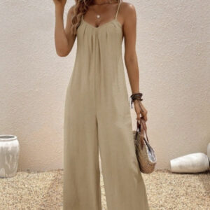 Women's Casual Suspender Jumpsuit – V-Neck Solid Color Sleeveless One-Piece