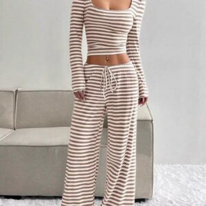 Striped Long Sleeve Crop Top & Wide Leg Pants Set