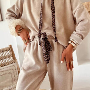 Leopard Drawstring Hoodie and Pants Set