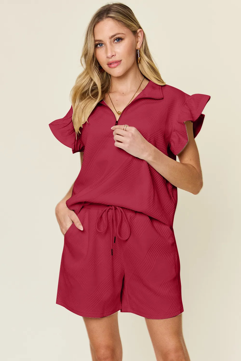 9aba64f5-cdc9-49cd-8974-267978f50c9f-Max.jpg Double Take Full Size Texture Flounce Sleeve Top and Drawstring Shorts Set - Image 22