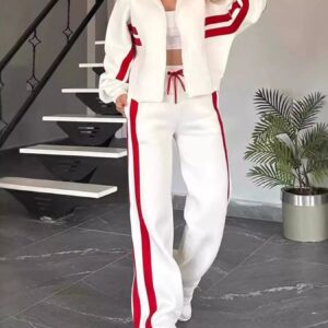 Full Size Striped Zip Up Outerwear and Pants Set Plus Size