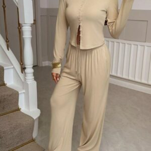 Button-Front Long Sleeve Top & Wide Leg Pants Set