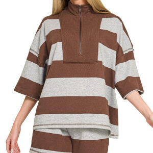 Zenana Frenchterry Striped Half Zip Top & Shorts Set