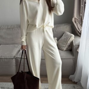 Polo Collar Top and Pants or Skirt Knit Set