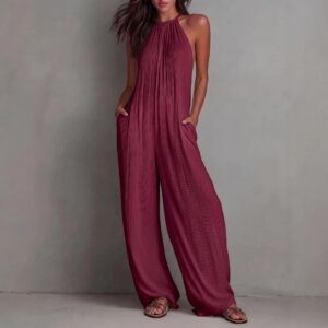 Women's Sleeveless Open-Back Wide-Leg Pleated Jumpsuit