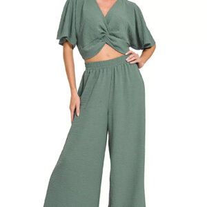 Zenana Woven Airflow Twisted Top & Wide Leg Pants Set