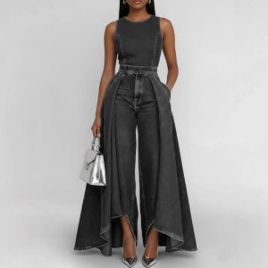 Women's Crew Neck Sleeveless Wide-Leg Denim Jumpsuit