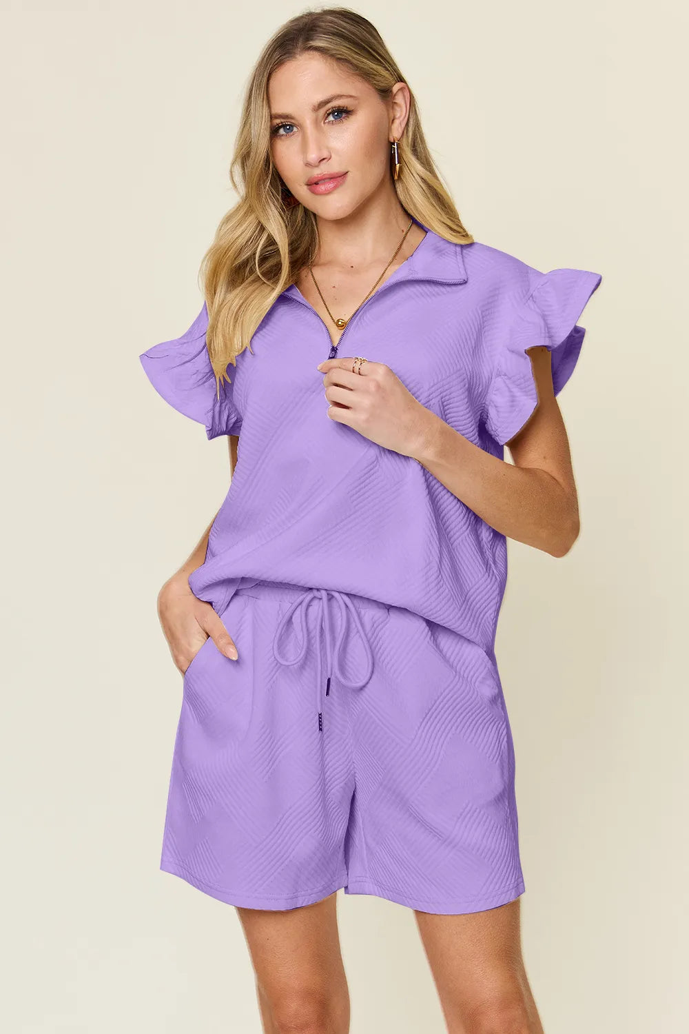 a728859f-a263-4391-9782-4fe1cf3260f4-Max.jpg Double Take Full Size Texture Flounce Sleeve Top and Drawstring Shorts Set - Image 20