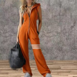 Women's Sporty Retro Lace-Up Striped Sleeveless Hooded Jumpsuit – Wide Flare Leg