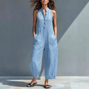 Casual Women's Buttoned Stand Collar Sleeveless Loose Jumpsuit