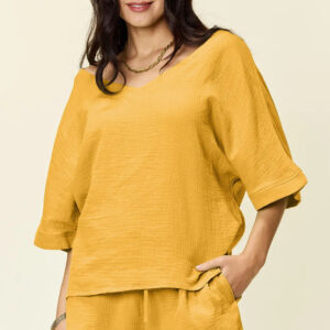 Double Take Texture Half Sleeve T-Shirt and Drawstring Shorts Set
