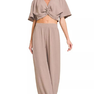 Zenana Woven Airflow Twisted Top & Wide Leg Pants Set