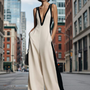 Women's Sleeveless V-Neck Contrast Color Wide-Leg Jumpsuit