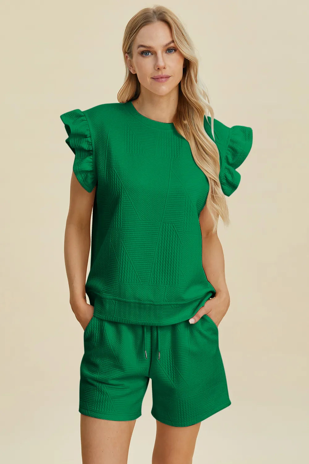 b355afa5-a289-4b52-b5a4-093b30559fe3-Max.jpg Double Take Full Size Texture Round Neck Ruffle Sleeve Top and Shorts Set
