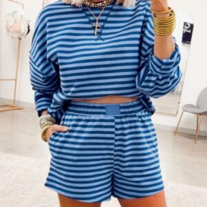 Stripe Drop Shoulder Long Sleeve Pullover Elastic Waist Casual Short Set