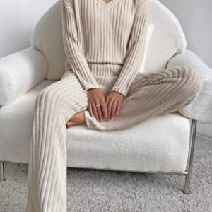 Ribbed Knit V-Neck Top and Pants Set