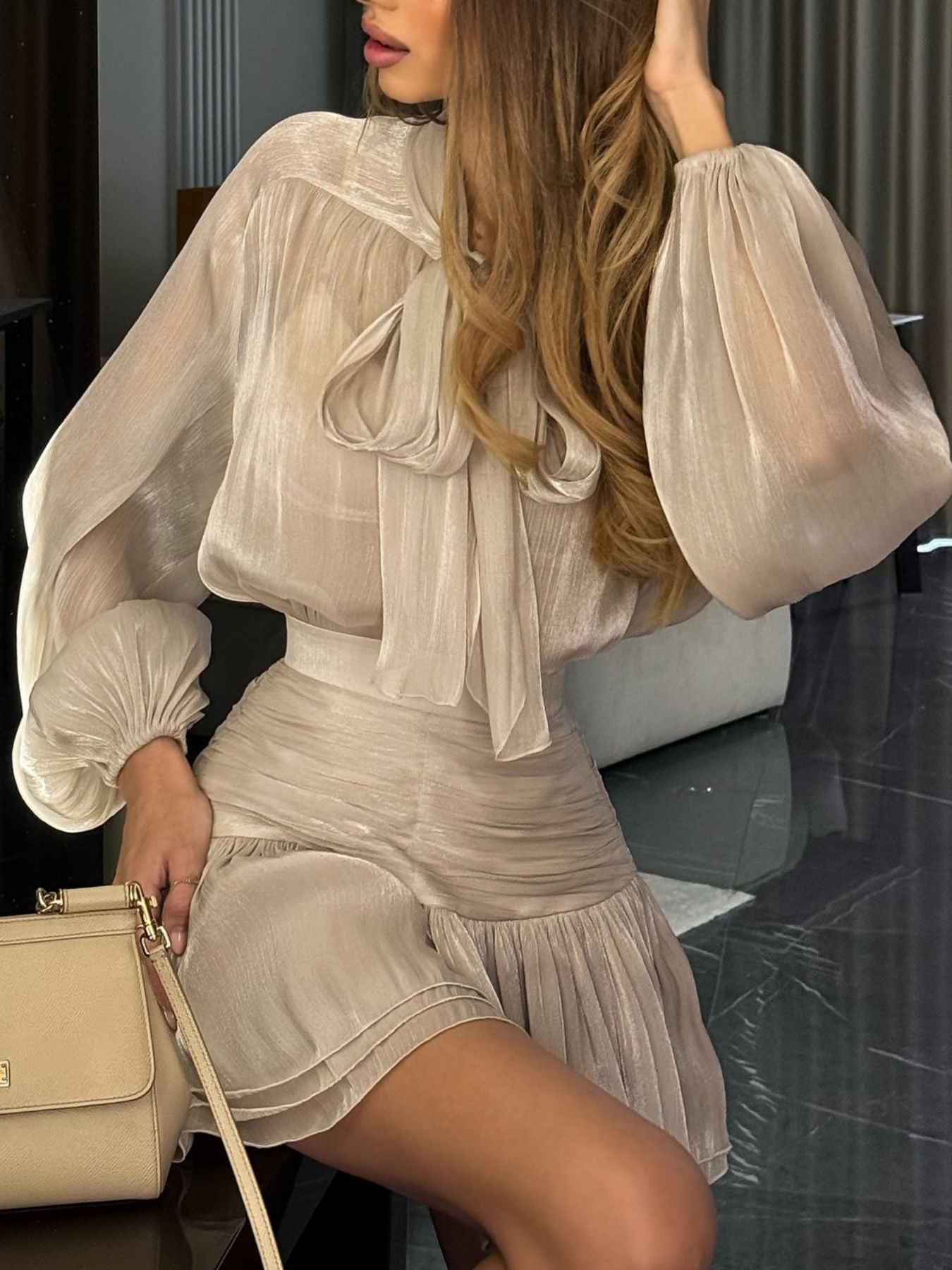 b8069d19-753c-4c3d-9bd5-e3f78675f598-Max.jpg Bow-Tie Blouse and Ruched Mini Skirt Set - Image 7