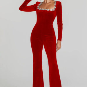Women's Diamond-Encrusted Square-Collar Flared Jumpsuit