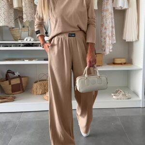 Ribbed Knit Round Neck Top and Pants Set