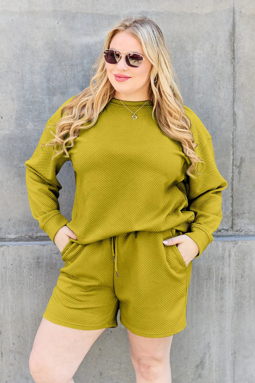 c6aacb60-0149-4cae-abcf-8fc0de8bb8ec-Max.jpg Double Take Full Size Texture Long Sleeve Top and Drawstring Shorts Set - Image 25