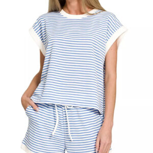 Zenana Stripe Contrast Trim Top & Shorts Set
