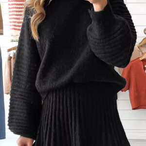 Round Neck Top and Skirt Sweater Set