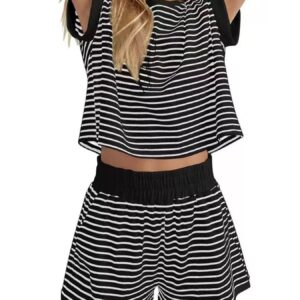 Full Size Striped Round Neck Top and Shorts Set Plus Size