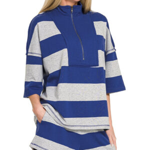 Zenana Frenchterry Striped Half Zip Top & Shorts Set