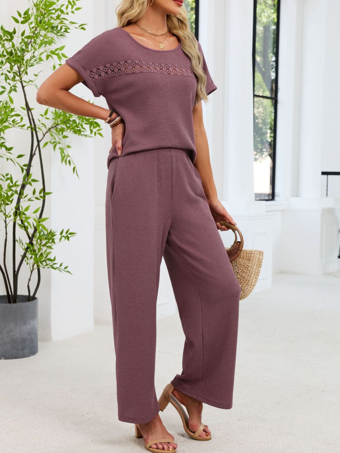 d4fa7519-a2fc-4e8f-9a03-6b72fb67398d-Max.jpg Lace Detail Short Sleeve Top and Pants Set - Image 2
