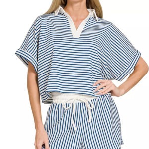 Zenana Striped Collared Top & Shorts Set