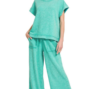 Zenana Washed Slub Short Sleeve Tee & Long Pants Set