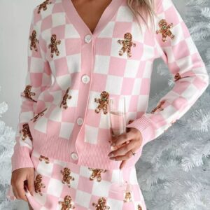 Gingerbread Checkered Cardigan and Skirt Sweater Set