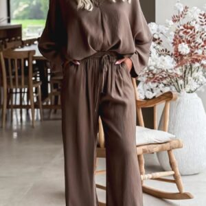 Braided V Neck Long Sleeve Loose Top and Drawstring High Waist Pants 2pcs Outfit