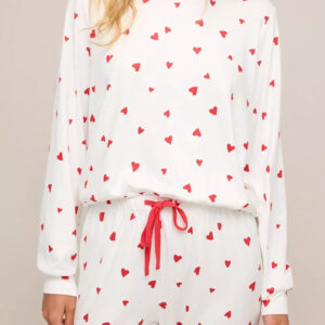 Hearts Printed Long Sleeve Top Drawstring Pants Lounge Set