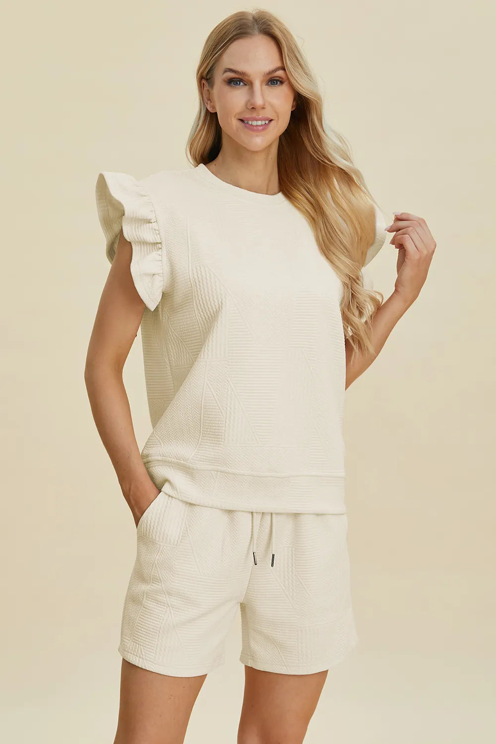 e429daca-5a38-49ba-ae63-c5258fa8eb57-Max.jpg Double Take Full Size Texture Round Neck Ruffle Sleeve Top and Shorts Set - Image 7