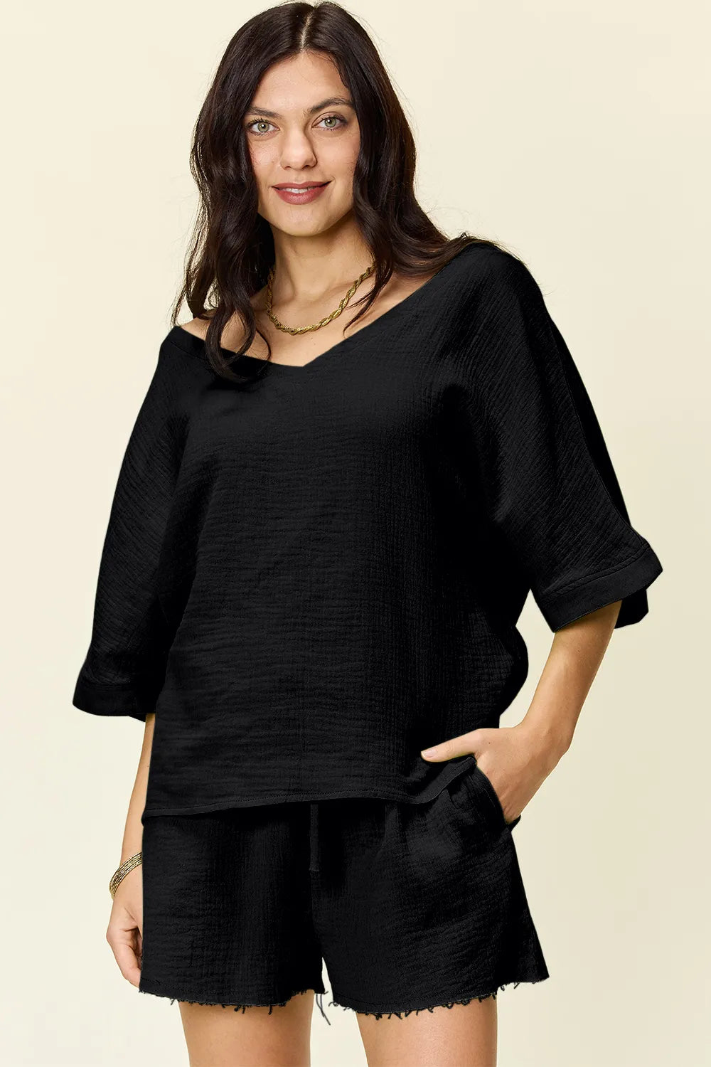 eacea6f1-08d1-4792-a06d-924104147e3f-Max.jpg Double Take Texture Half Sleeve T-Shirt and Drawstring Shorts Set - Image 14