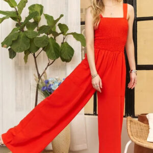ADORA Full Size Smocking Top Wide Leg Jumpsuit Plus Size