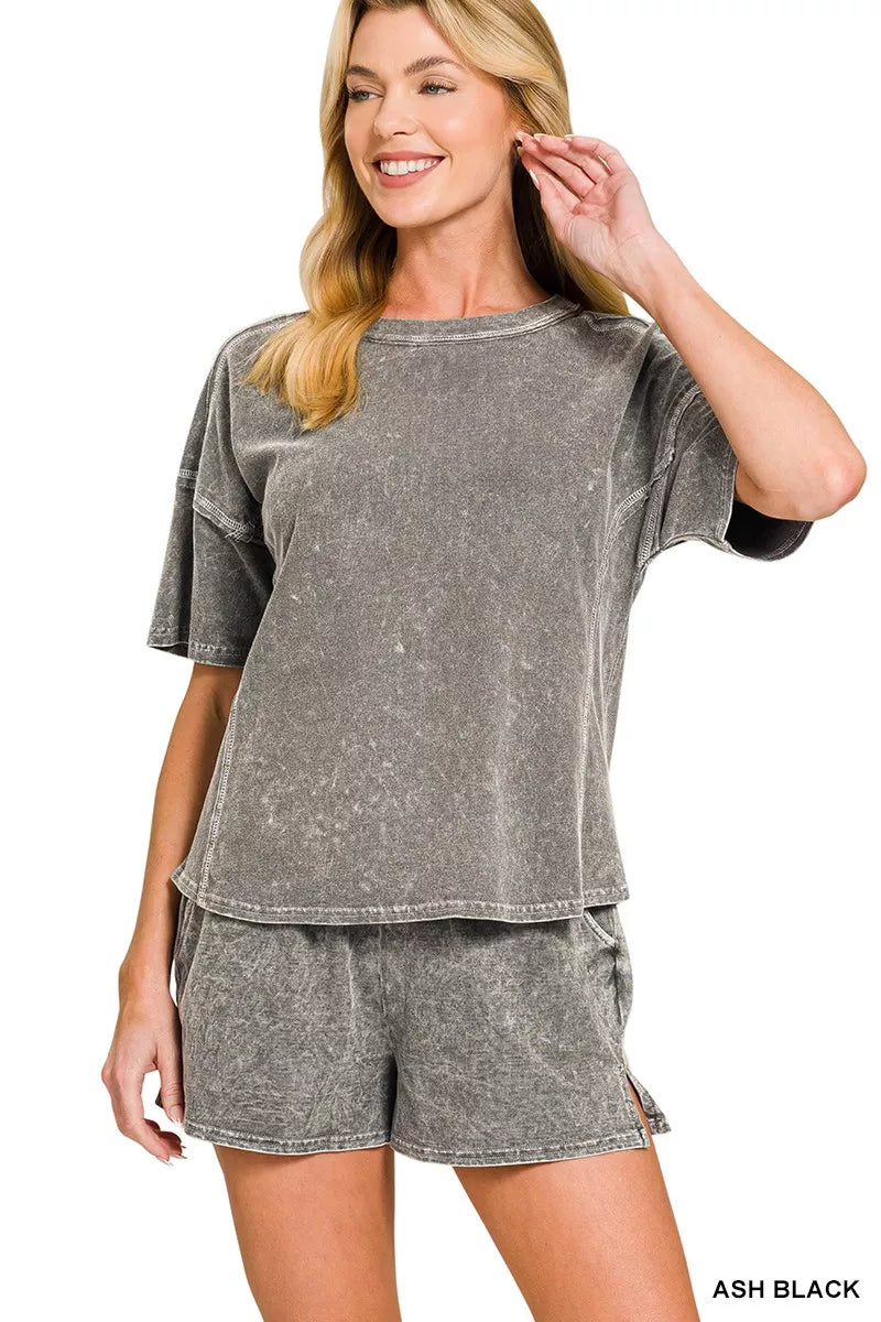 ef9a90554d194643ac376c69e447026e-Max-Origin.jpg Zenana Halo Snow Washed Short Sleeve Tee and Shorts Set