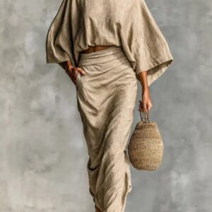 Full Size Kimono Sleeve Top and Ruched Skirt Set Plus Size