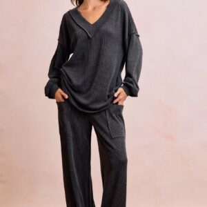 BiBi Two Tone Cord Rib Contrast Stitching V-Neck Top and Pants Set