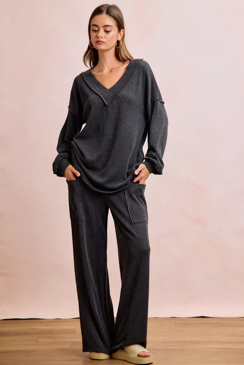 fc28a745086b4819b937a397fe19e2e2-Max-Origin.jpg BiBi Two Tone Cord Rib Contrast Stitching V-Neck Top and Pants Set